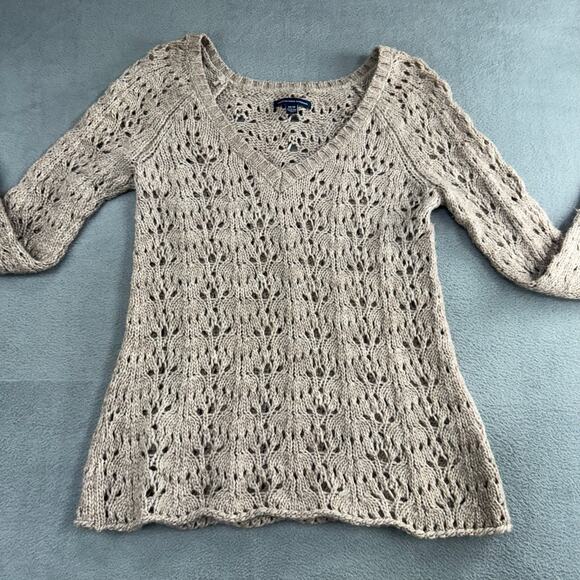 American Eagle Women's Wool Blend Open Crochet Knit Sweater Lt Brown Extra Small - Picture 4 of 9